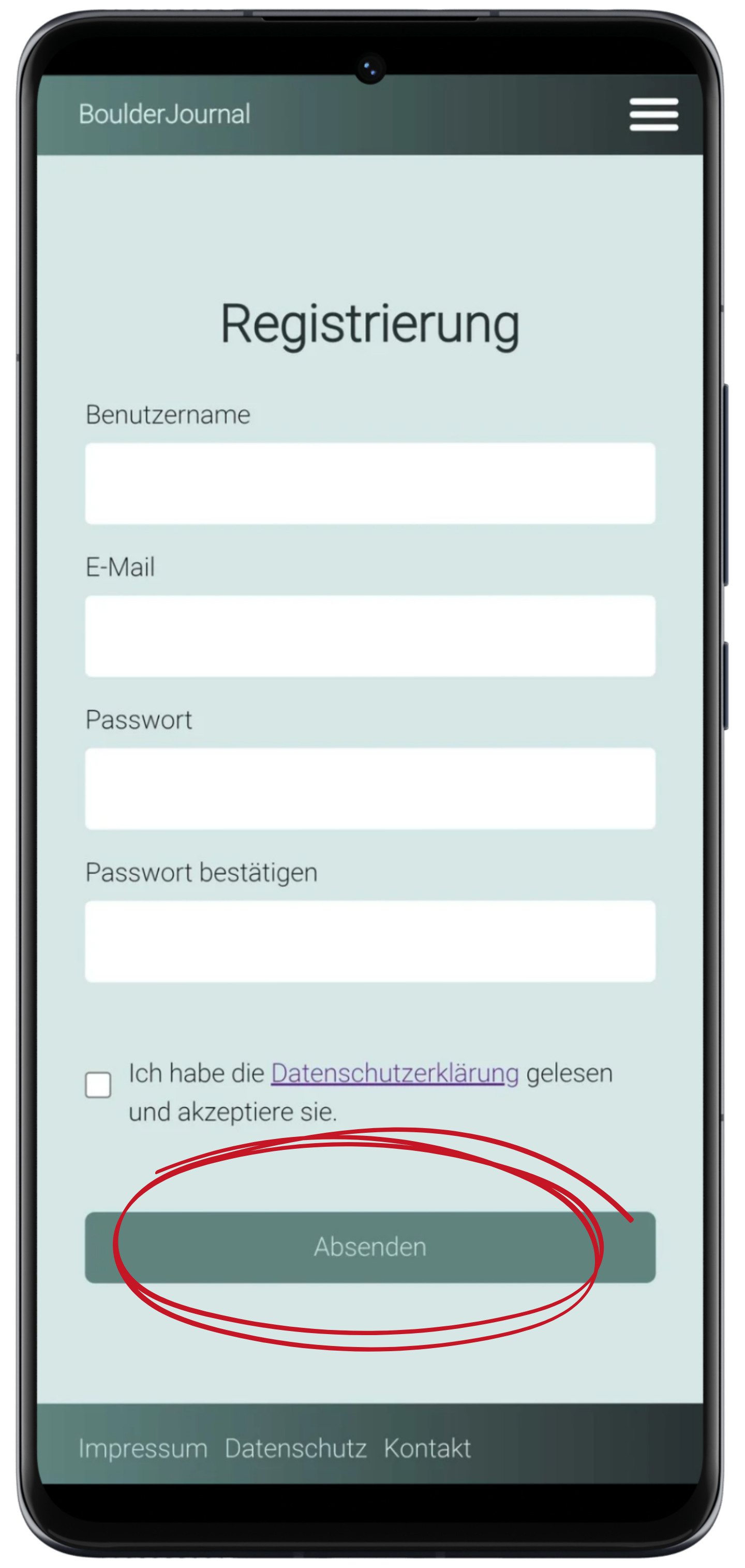 Registierungsseite von Boulderjournal